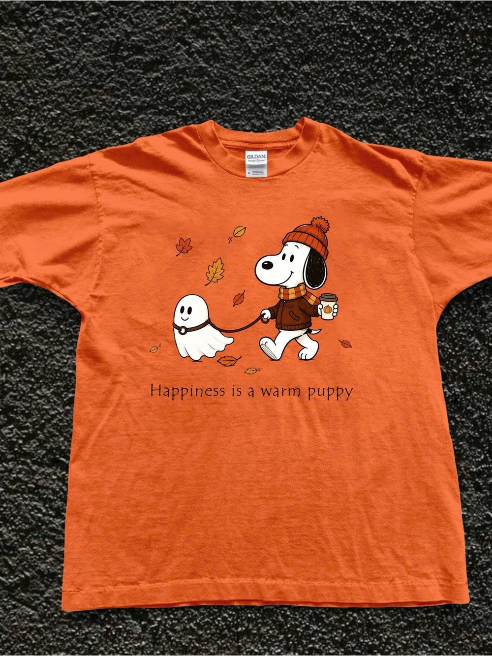 Gildan Cartoon Boo Fall Graphic Tee with 'Happiness is a Warm Puppy'